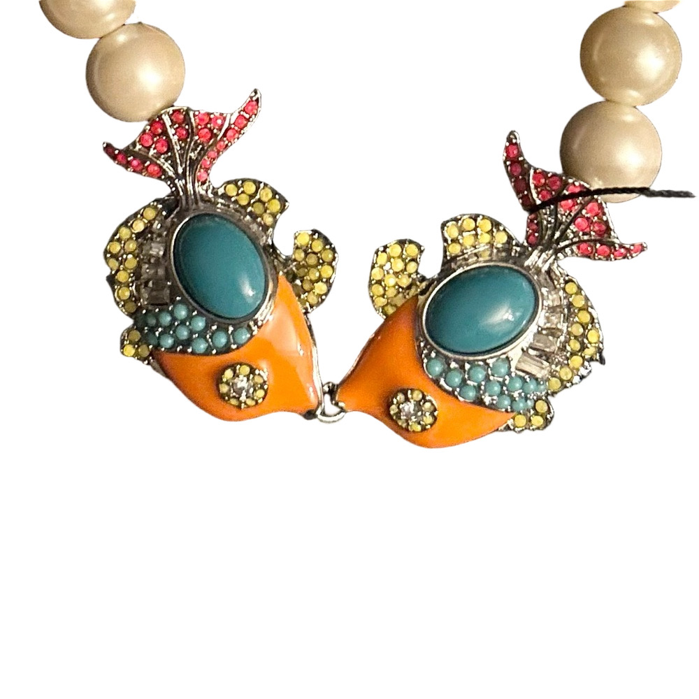 Ann Taylor Cream Pearl Necklace with Orange & Turquoise Fish Charms - Picture 3 of 3